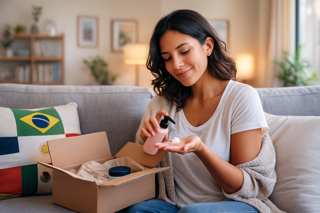 Pessoa recebendo seu cosmético em casa após novo acordo entre países.